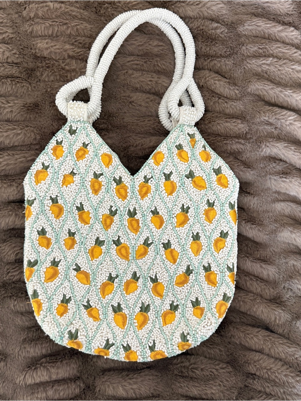 Beaded Lemon Pattern Tote Bag in White and Yellow